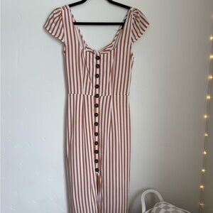 Striped Button-Front Women’s Dress in Rust and White